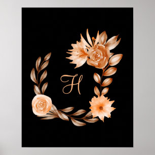 Poster Fleurs noir marron et pêche monogrammées 