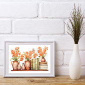 Poster Fleurs orange dans les vases avec livres sur la bi