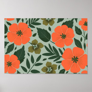 Poster Fleurs orange et Feuilles verts