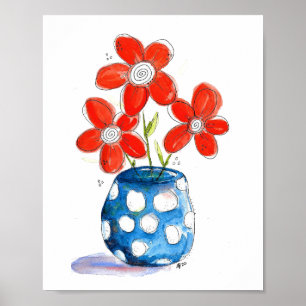 Poster Fleurs orangées Whimsical dans Vase Bleu