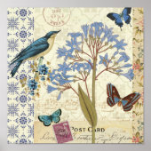 Poster Fleurs, papillons et collage d'oiseaux (Devant)