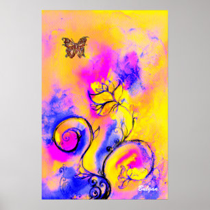 Poster FLEURS & PAPILLONS FANTAISISTES rose jaune bleu