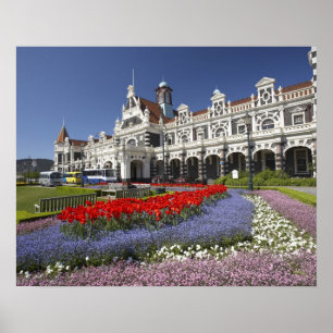 Poster Fleurs printanières et gare historique,
