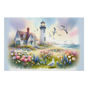 Poster Fleurs printanières près d'un cottage côtier et d'