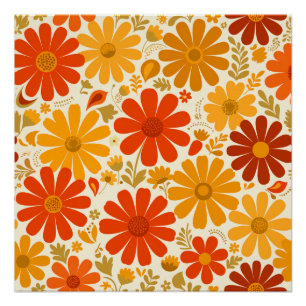 Poster Fleurs Rétro Joyeuses et Éloignées Orange Brûlé et