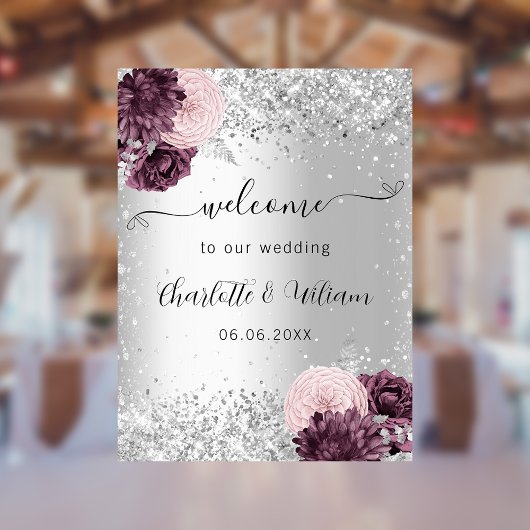 Poster Fleurs rose bordeaux argenté bienvenue mariage