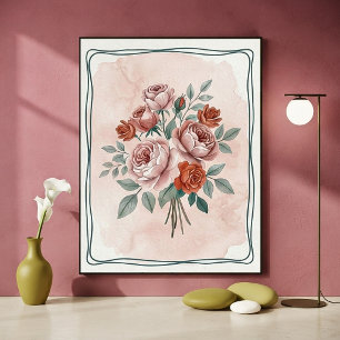 Poster Fleurs Roses Aquarelle Vintage aux Teintes Roses e