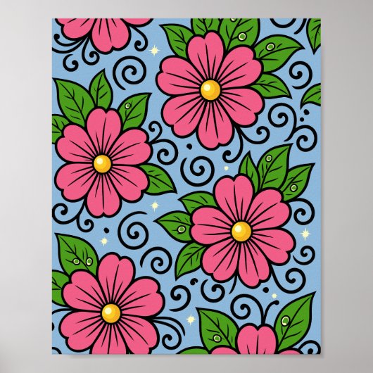 Poster Fleurs roses avec feuilles vertes et détails courb (Devant)