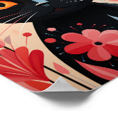 Poster Fleurs roses Chat Noir (Coin)