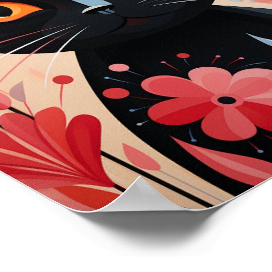 Poster Fleurs roses Chat Noir (Coin)