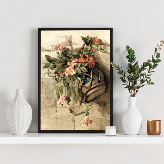 Poster Fleurs roses dans un vase suspendu
