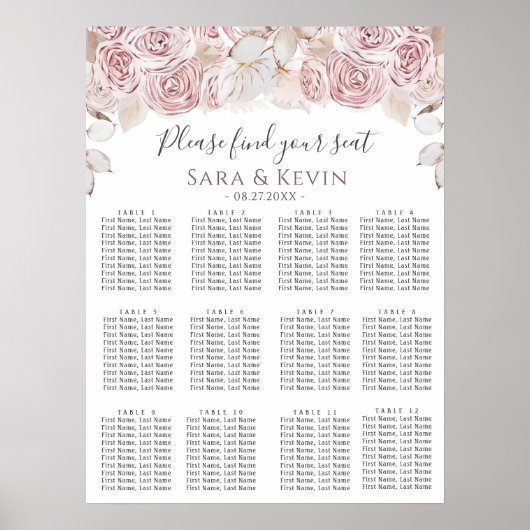 Poster Fleurs roses de Bohême Cartes de sièges Mariages (Devant)