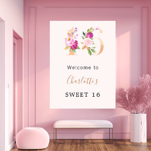 Poster Fleurs roses de Pêche nombre Sweet 16 bienvenue