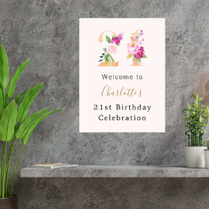 Poster Fleurs roses de Pêche numéro 21e anniversaire bien