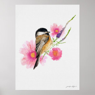 Poster Fleurs roses d'Oiseau de poulet Aquarelle Art