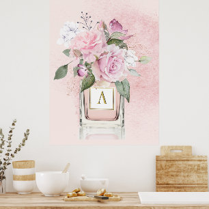 Poster Fleurs Roses Élégant Bouteille de Parfum Monogramm