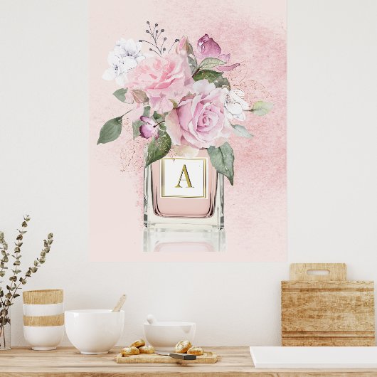 Poster Fleurs Roses Élégant Bouteille de Parfum Monogramm (Cuisine)