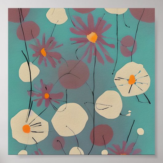 Poster Fleurs roses et blanches rétro (Devant)