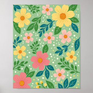 Poster Fleurs roses et jaunes avec feuilles vertes et ble