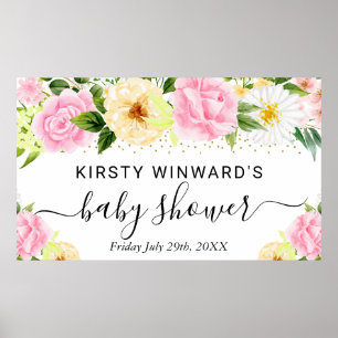Poster Fleurs roses et jaunes Bienvenue à la baby shower