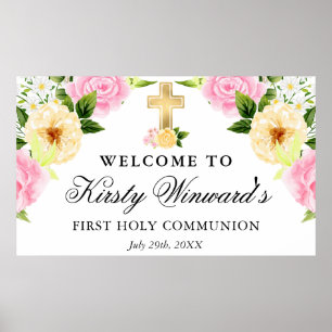 Poster Fleurs roses et jaunes Première Sainte Communion