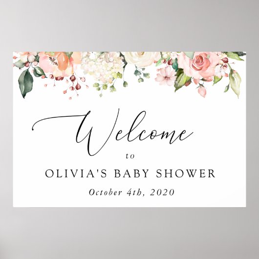 Poster Fleurs roses, Fleurs blanches, Accueil Baby shower (Devant)