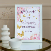 Poster Fleurs roses Golden Butterflies Party Bienvenue