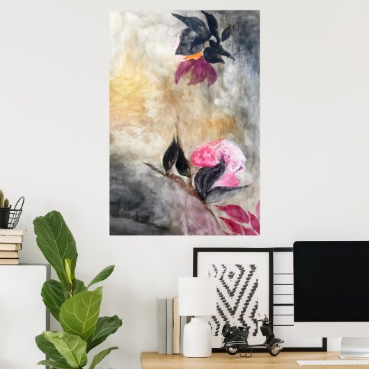 Poster Fleurs roses harmoniques Feuilles noirs Abstraits (Bureau à domicile)