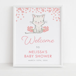 Poster Fleurs roses Kitten Fille Baby shower Bienvenue