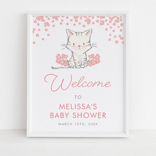 Poster Fleurs roses Kitten Fille Baby shower Bienvenue