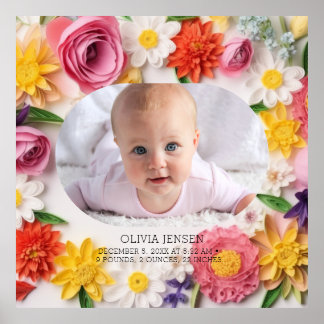 Poster Fleurs roses personnalisées aquarelle nouveau bébé
