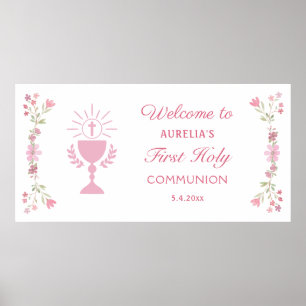 Poster Fleurs roses Première communion Accueil