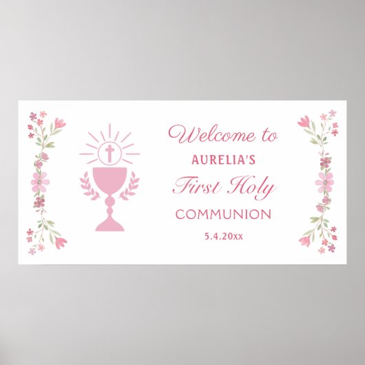 Poster Fleurs roses Première communion Accueil (Devant)