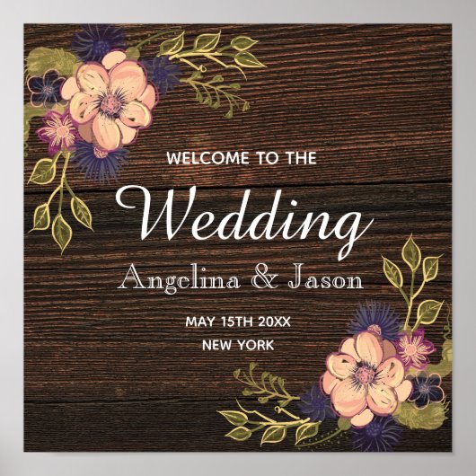 Poster Fleurs roses rustiques Bienvenue Mariage (Devant)