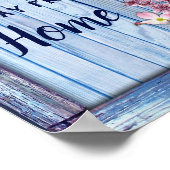 Poster Fleurs roses sur la texture de bois bleu (Coin)
