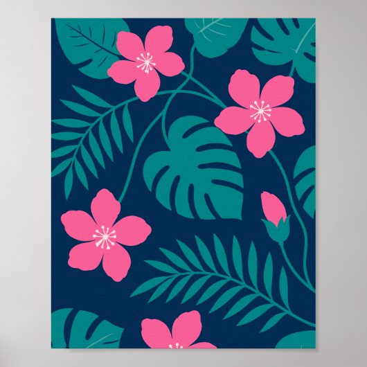 Poster Fleurs roses tropicales et feuillage vert Design (Devant)