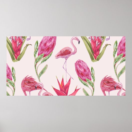 Poster Fleurs roses tropicales, protéa, oiseau de paradis (Devant)