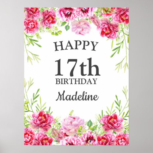 Poster Fleurs roses verdure blanche Joyeux Anniversaire (Devant)