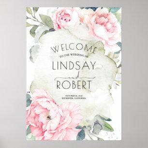 Poster Fleurs roses Vintage Mariage Aquarelle