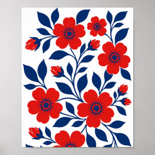 Poster Fleurs rouges audacieuses et feuilles bleu marine