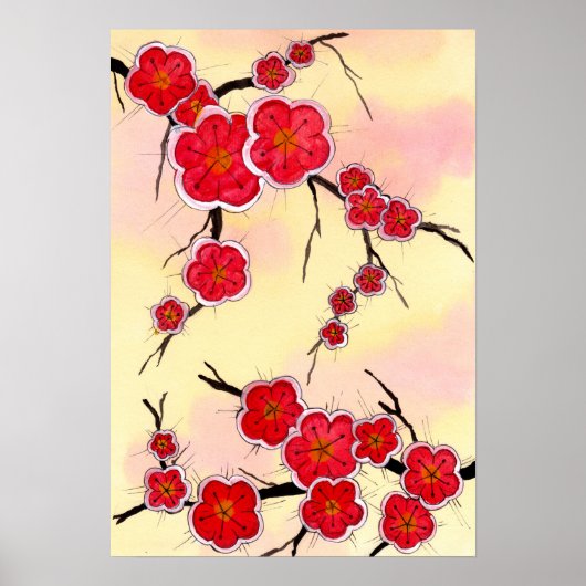 Poster Fleurs rouges de cerisiers japonais (Devant)