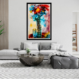 Poster Fleurs rouges jaunes blanches bleues sur vase abst