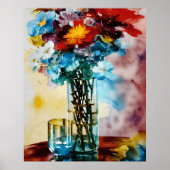 Poster Fleurs rouges jaunes bleues sur vase abstrait (Devant)