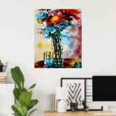 Poster Fleurs rouges jaunes bleues sur vase abstrait (Bureau à domicile)