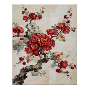 Poster Fleurs rouges Peinture à l'huile de branche de gre