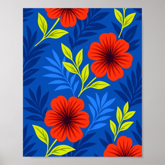Poster Fleurs rouges vermillon audacieuses avec des feuil (Devant)