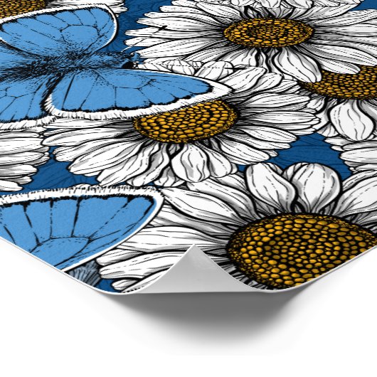 Poster Fleurs sauvages blanches et papillons bleus (Coin)