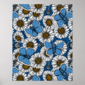 Poster Fleurs sauvages blanches et papillons bleus (Devant)