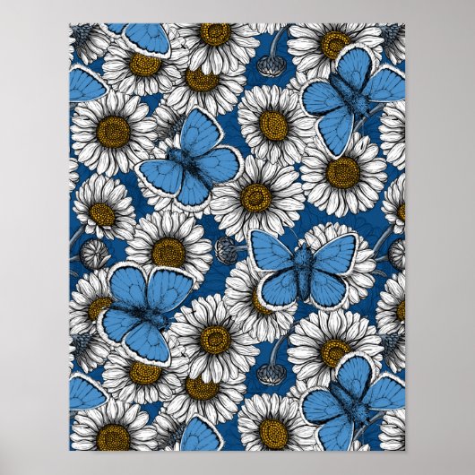 Poster Fleurs sauvages blanches et papillons bleus (Devant)