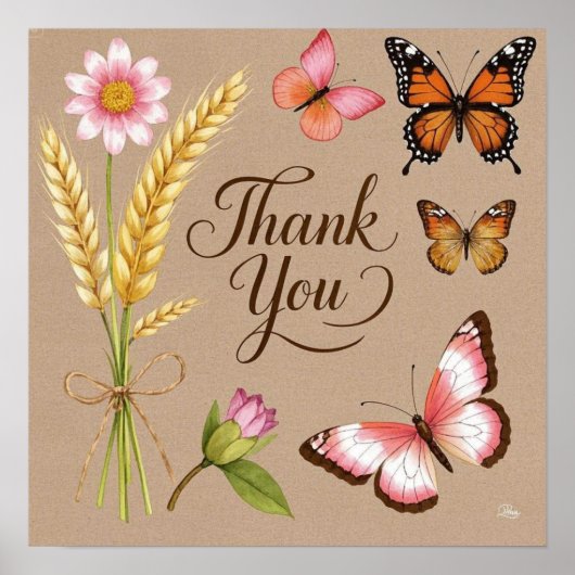 Poster Fleurs sauvages bohémiens, papillons, tiges de blé (Devant)